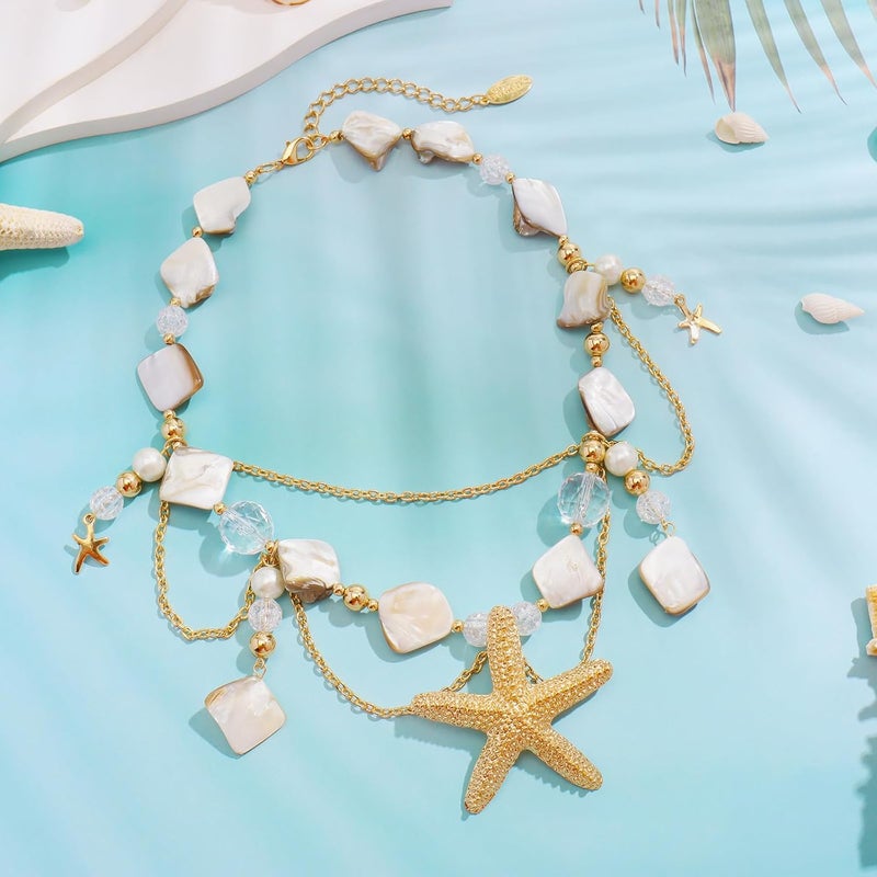 Bocar Statement Shell Bib Choker Necklace for Women Chunky Natural Freshwater Shell Conch Starfish Pearl Pendent Costume Collar Beach Necklace - Image 3